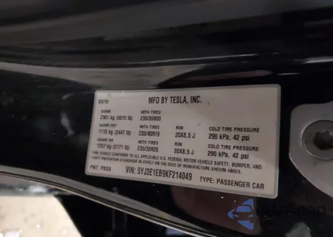 2019 Tesla Model 3 Long Range/Performance z USA, uszkodzony, nr VIN 5YJ3E1EB9KF214049